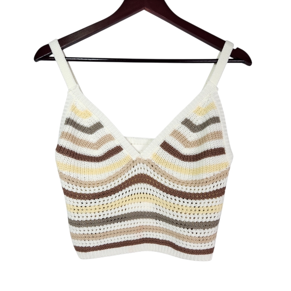 NWT No Comment Striped Crochet V-Neck Crop Tank Top Med Grannycore Festival Boho